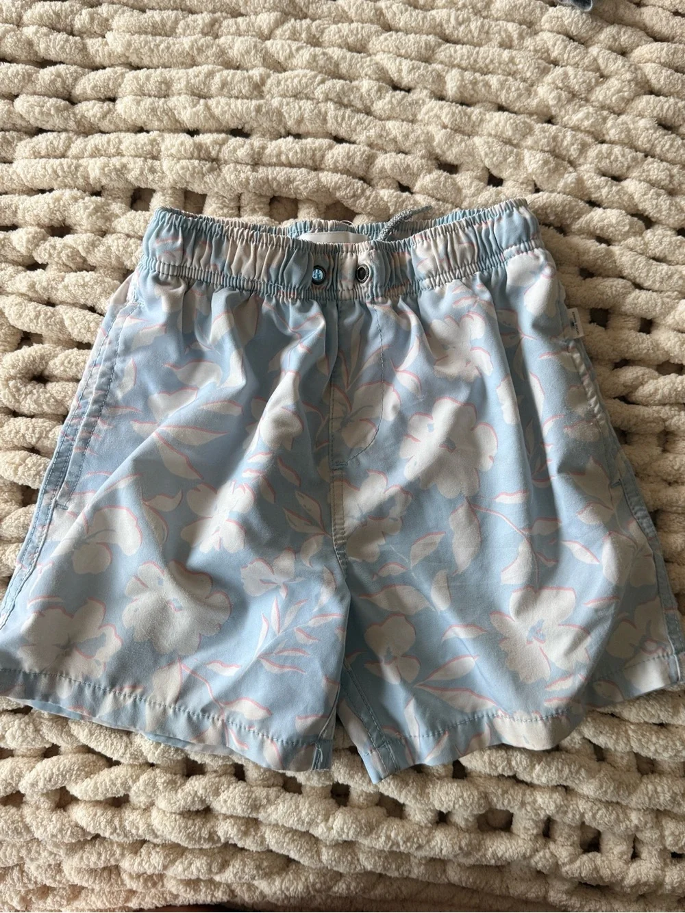Boys Light Blue Floral Swim Shorts with Elastic Waist
